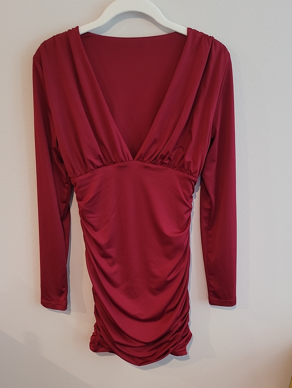 Plunging V-Neck Long Sleeve Ruched Mini Dress - Wine